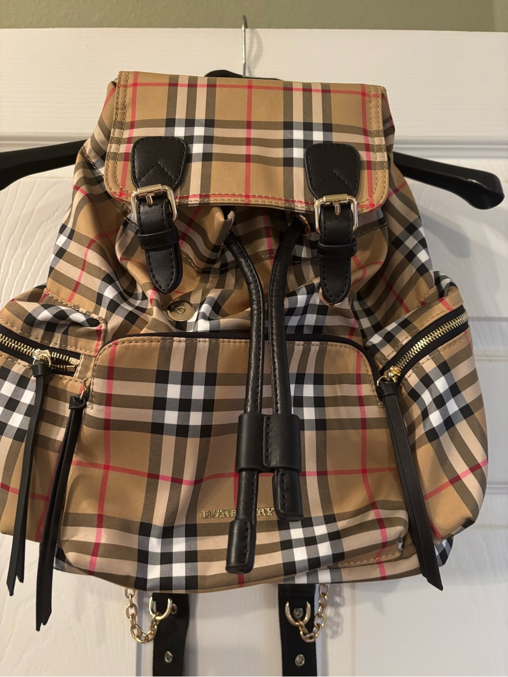 Tan Nova Check Drawstring Backpack with Black Trim - Picture 2 of 10